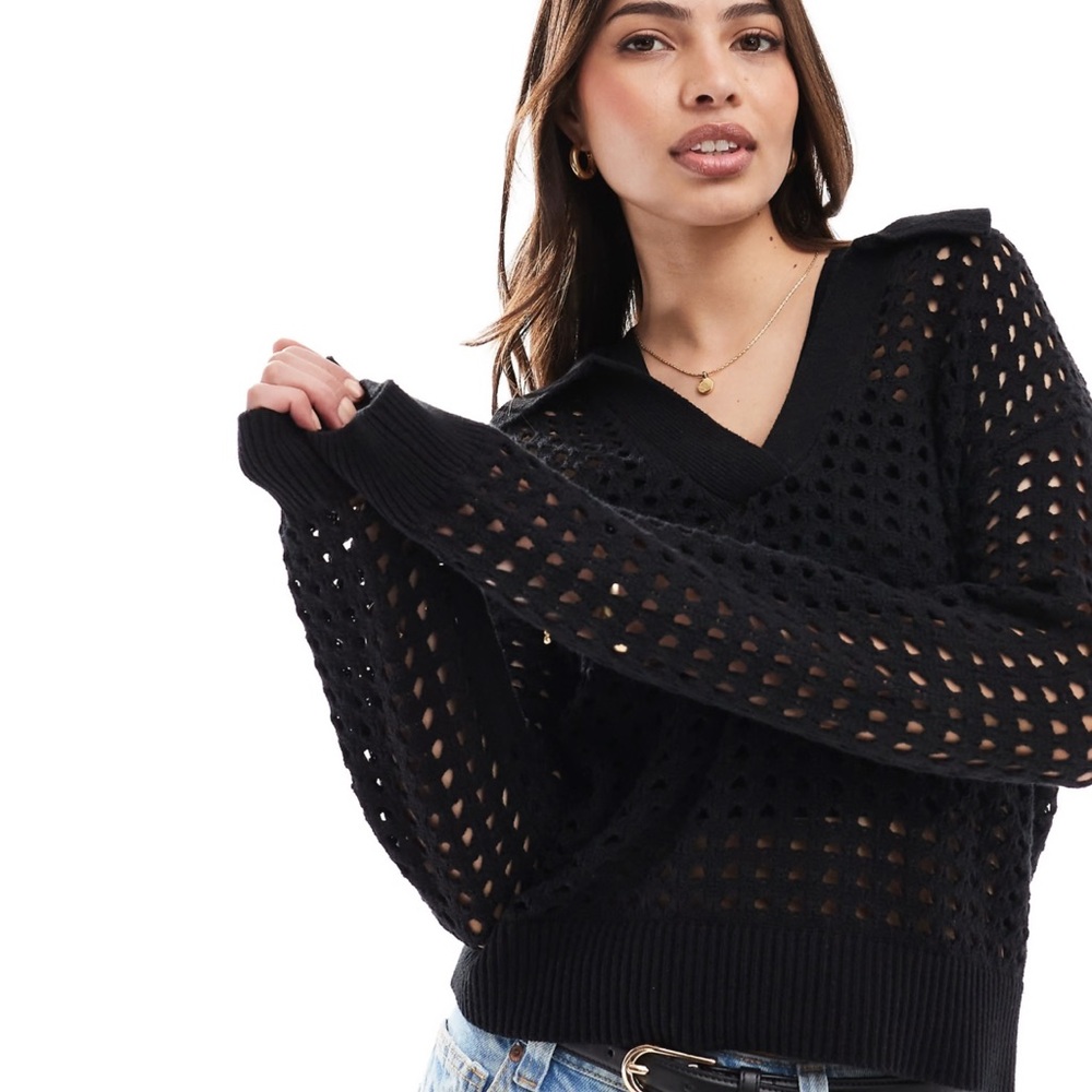 1. Green Open-Knit V-Neck collared Sweater